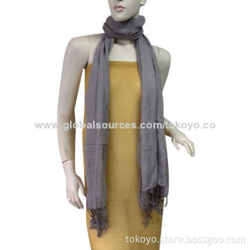 Cotton scarf with chambre effect and tassels, yarn dyed artwork, environment-friendly, for ladies